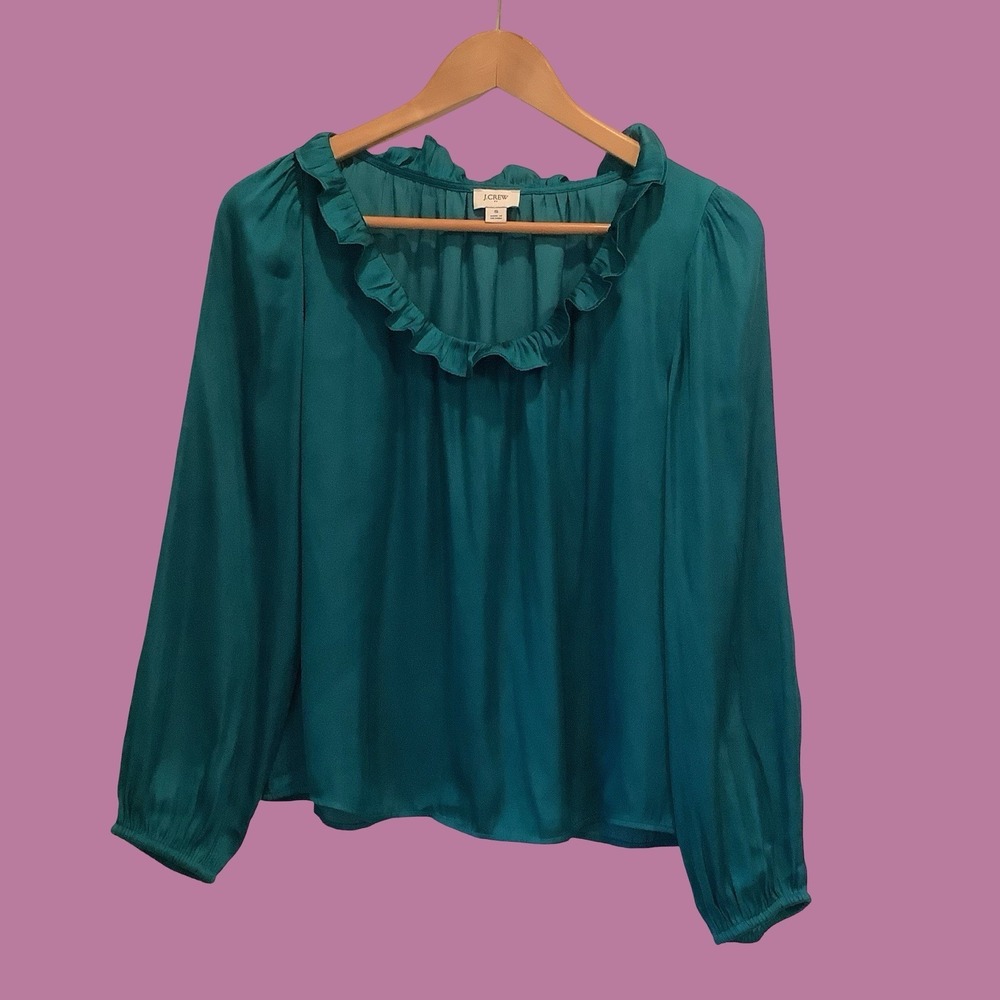 J Crew Womens Peacock Blue Long Sleeve Ruffle Blouse Sz S